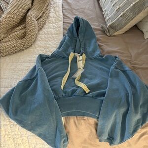 Stylish Blue Cropped Hoodie with Cream Drawstrings